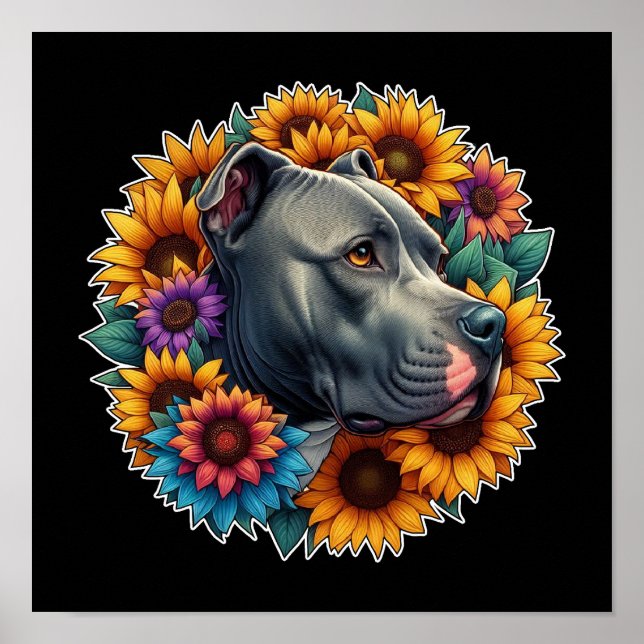 Pitbull Hund Omgiven av Levande Solrosor Poster (Framsidan)