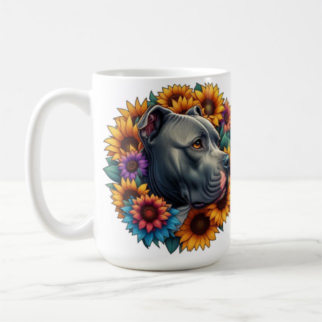 Pitbull Hund, omringad av Vibrant Sunblommor Kaffemugg (Vänster)