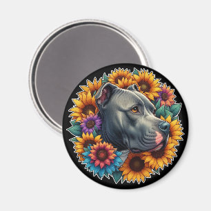 Pitbull Hund, omringad av Vibrant Sunblommor Magnet