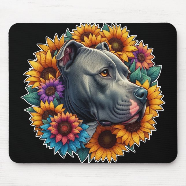 Pitbull Hund, omringad av Vibrant Sunblommor Musmatta (Framsidan)