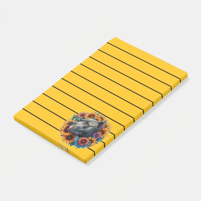 Pitbull Hund, omringad av Vibrant Sunblommor Post-it Block (Vinklad)