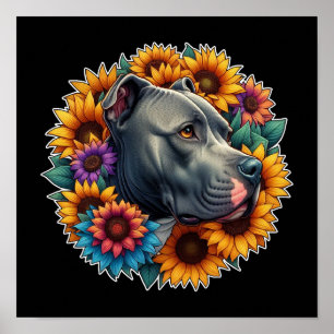 Pitbull Hund, omringad av Vibrant Sunblommor Poster