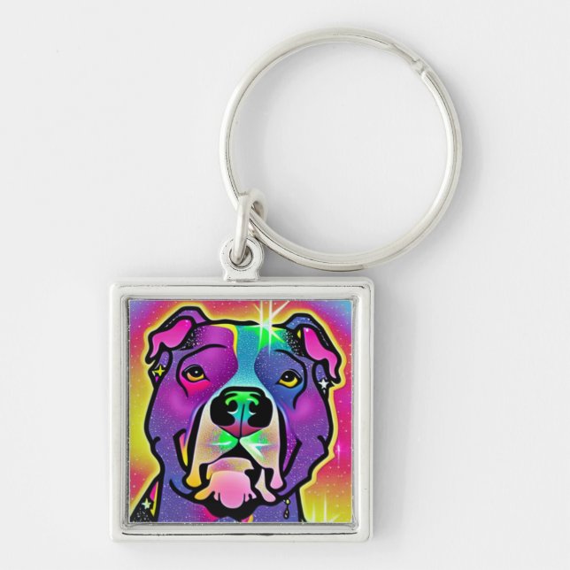 Pitbull Hund Pop Art Fyrkantig Silverfärgad Nyckelring (Framsidan)