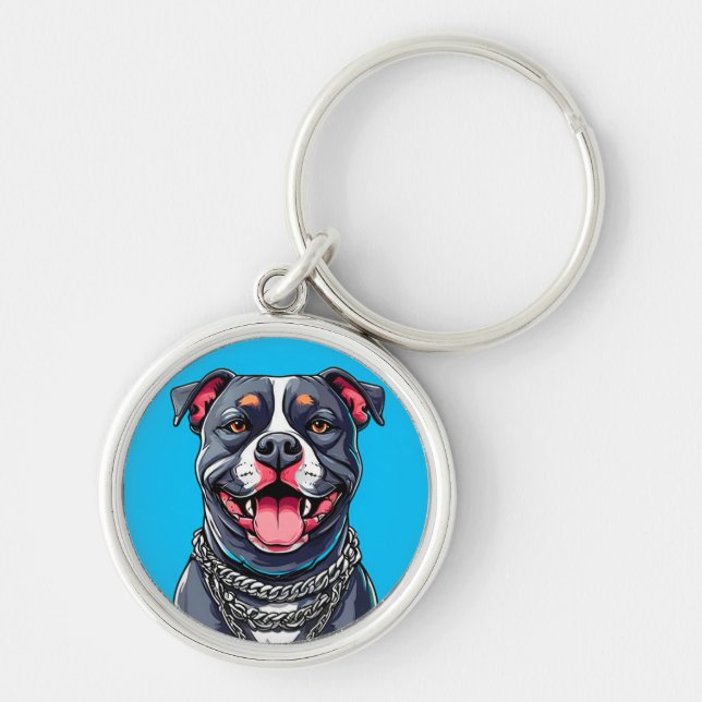 Pitbull hund rund silverfärgad nyckelring (Framsidan)