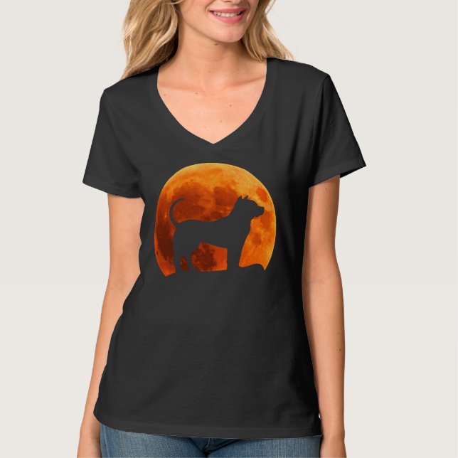 Pitbull Hund Silhouette i Måne T Shirt (Framsida)