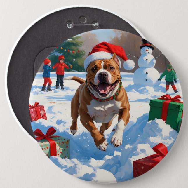 Pitbull Hund Springar i Snö med Julhatt Knapp (Framsida & baksida)