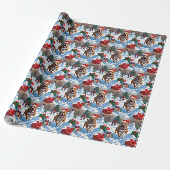 Pitbull Hund Springar i Snö med Julhatt Presentpapper (Utrullad)