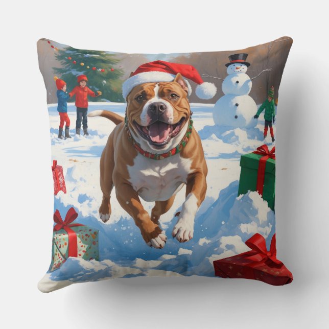 Pitbull-hund springer i snö med julhatt kudde (Baksida)