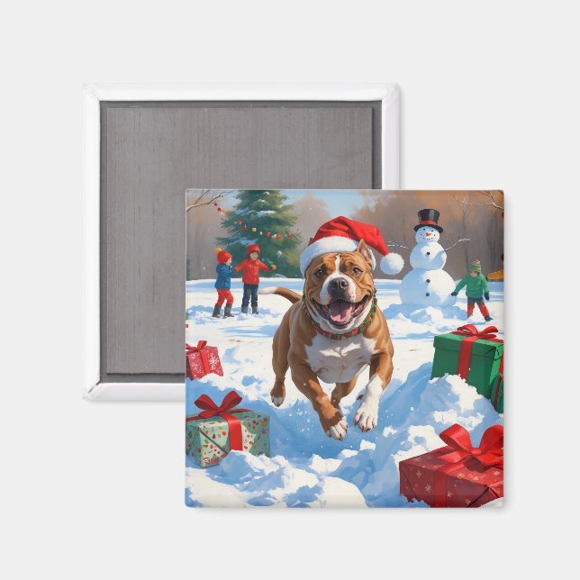 Pitbull-hund springer i snö med julhatt magnet (Front/Back)