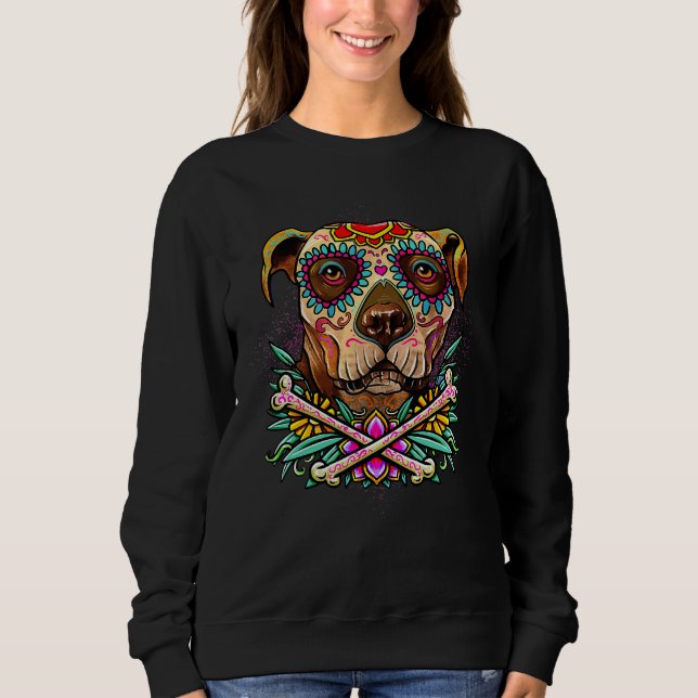 Pitbull Hund Sugar Skull Hund Pet Puppy T Shirt (Framsida)