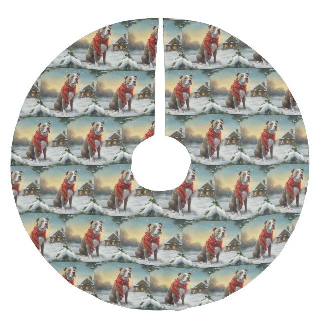 Pitbull Hund under julen i Snö Julgransmatta Borstad Polyester (Framsidan)