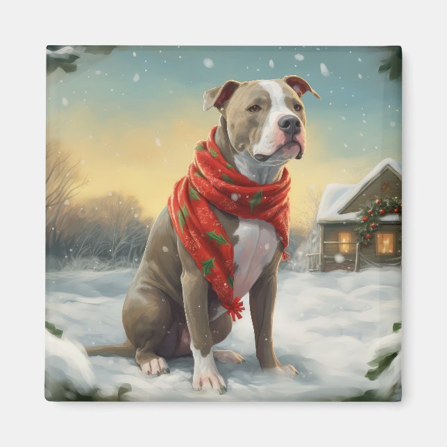 Pitbull Hund under julen i Snö Magnet (Framsidan)