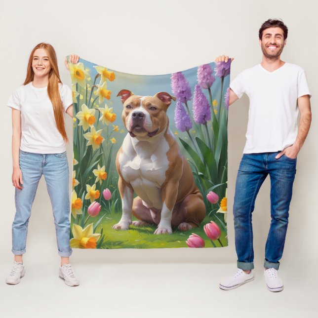 Pitbull Hund Vår blommor Painting Fleecefilt (På plats)