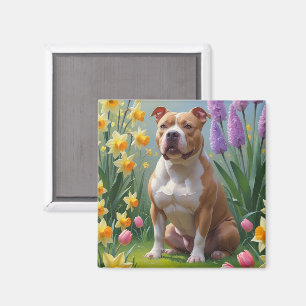 Pitbull Hund Vårblommor Målning Magnet
