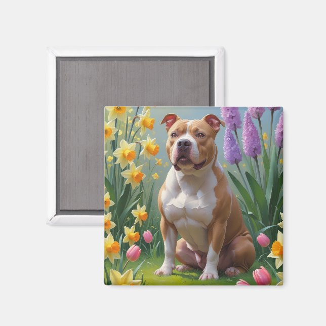 Pitbull Hund Vårblommor Målning  Magnet (Front/Back)