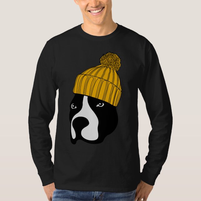 Pitbull Hund Wearing A Beanie T Shirt (Framsida)