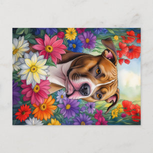 Pitbull i blomsterträdgård vykort