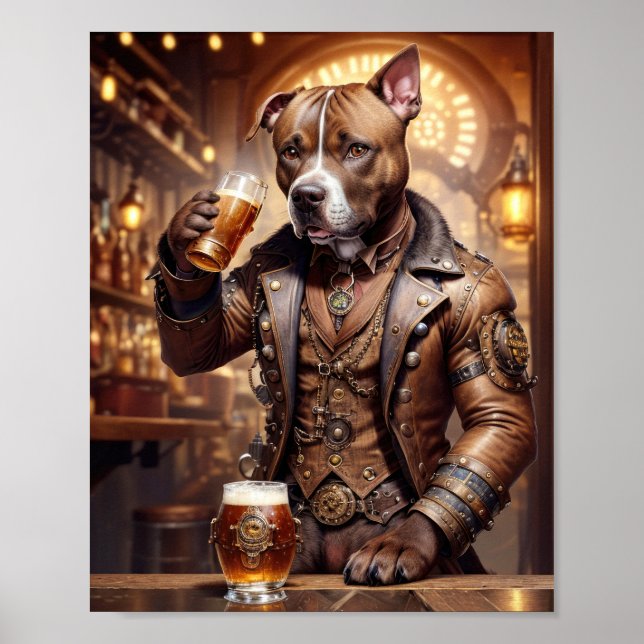 Pitbull i en steampunk som dricker öl i en pub poster (Framsidan)