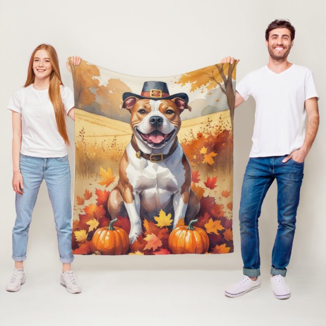 Pitbull in Höst löv Thanksgiving Art Fleecefilt (På plats)