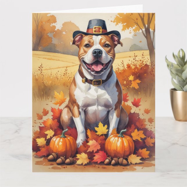 Pitbull in Höst löv Thanksgiving Art Kort (Liten växt)