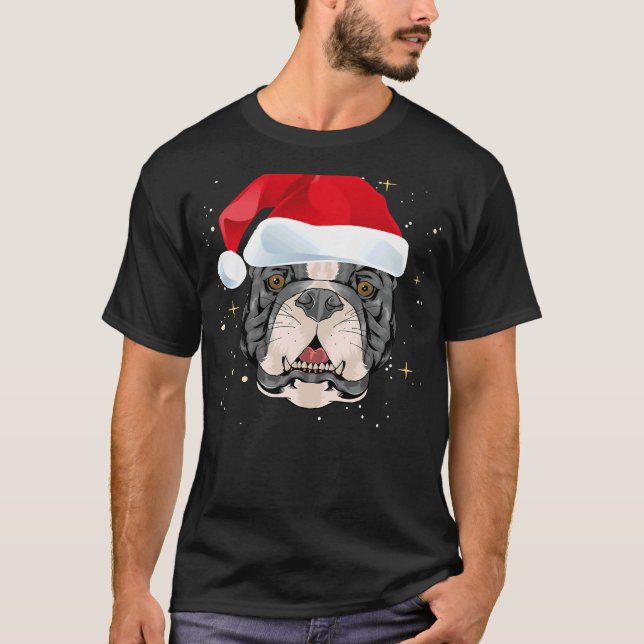 Pitbull jul Hund Wearing Santa Hat T Shirt (Framsida)