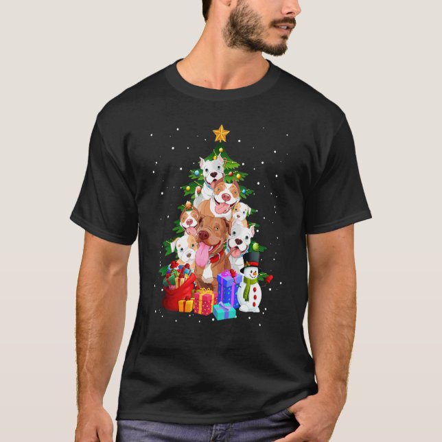 Pitbull Julgran Ljus Hund T Shirt (Framsida)