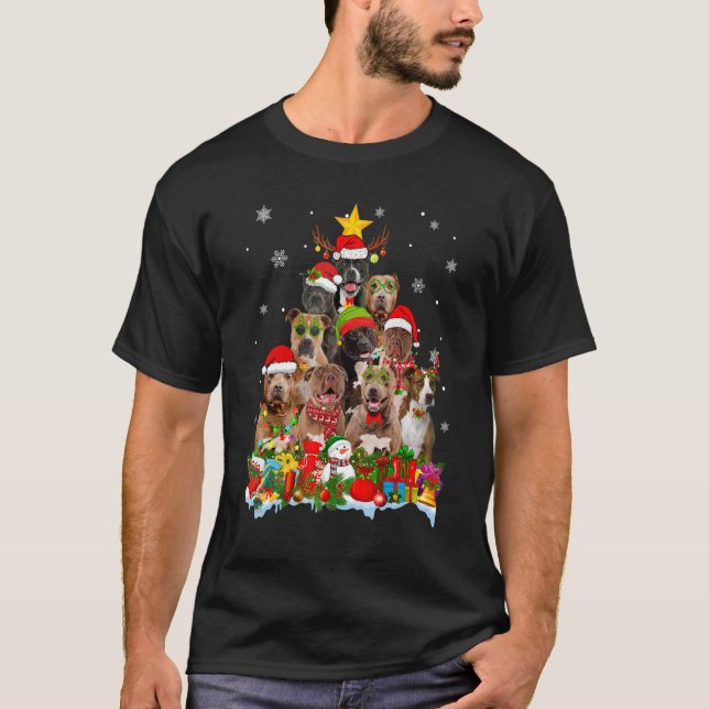 Pitbull Julgran Ljus Julafton Santa Hat T Shirt (Framsida)