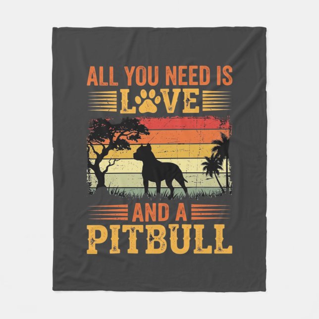 Pitbull Kärlek Retro Solnedgång Hund Fleecefilt (Framsidan)