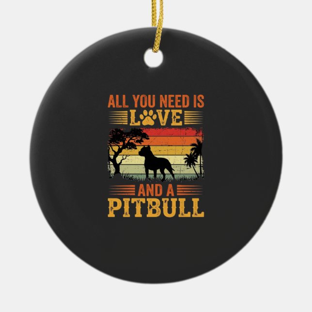 Pitbull Kärlek Retro Solnedgång Hund Julgransprydnad Keramik (Framsidan)