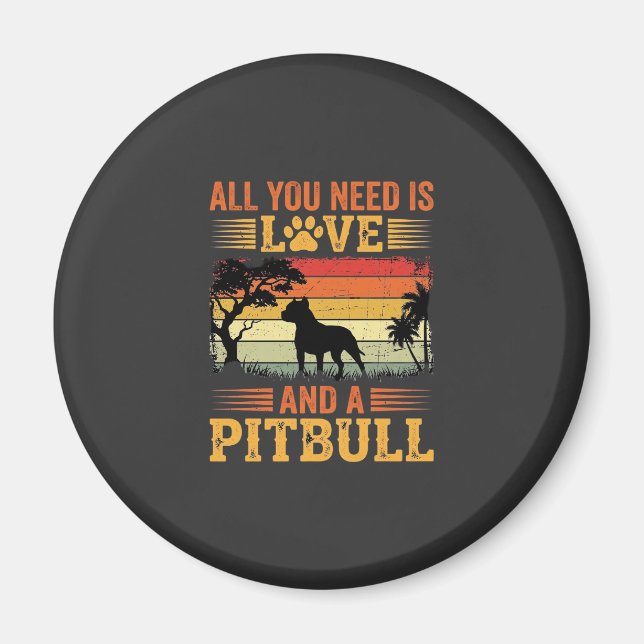 Pitbull Kärlek Retro Solnedgång Hund Magnet (Framsidan)