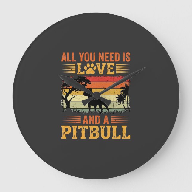 Pitbull Kärlek Retro Solnedgång Hund Stor Klocka (Framsida)