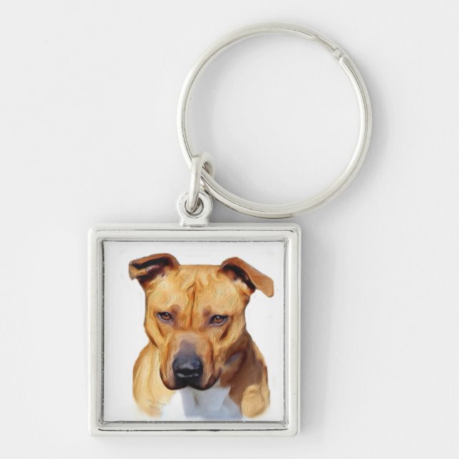Pitbull keychain fyrkantig silverfärgad nyckelring (Framsidan)