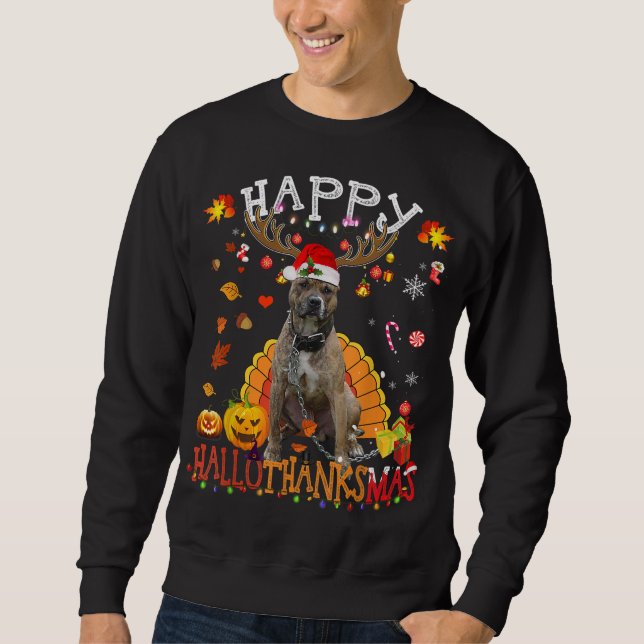Pitbull Lycklig Hallothanksmas Halloween Thanksg Lång Ärmad Tröja (Framsida)
