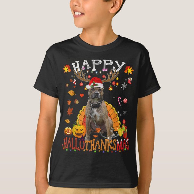 Pitbull Lycklig Hallothanksmas Halloween Thanksg T Shirt (Framsida)