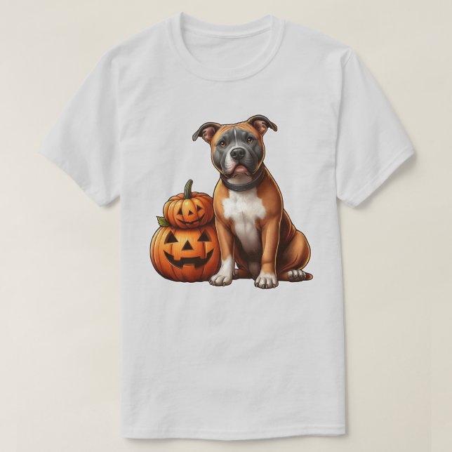 Pitbull med Halloween Pumpkins T Shirt (Design framsida)