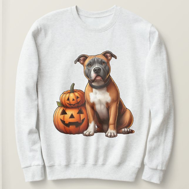 Pitbull med Halloween Pumpkins T Shirt (Design framsida)