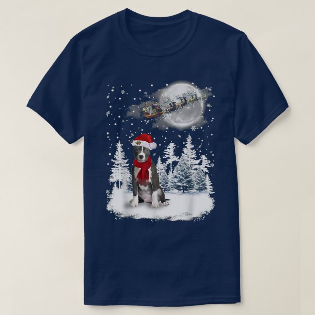 Pitbull på Måne Lighting Santa Hat vid Snö jul T Shirt (Design framsida)