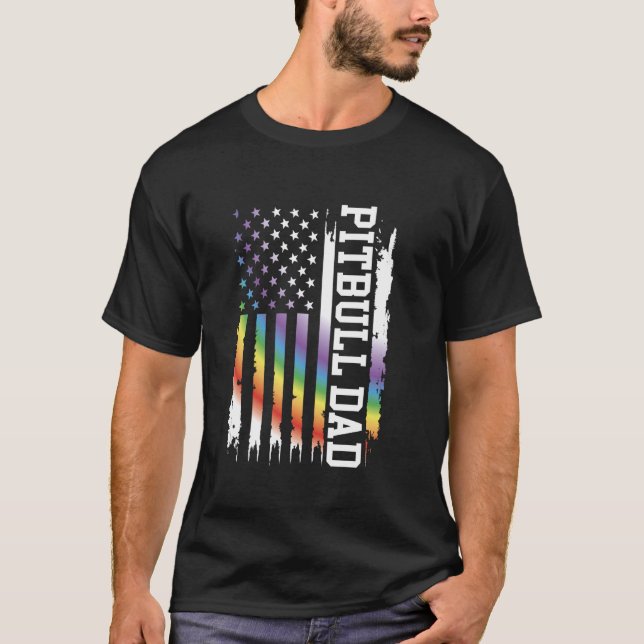 Pitbull Pappa USA Distressed Regnbåge med USA:s fl T Shirt (Framsida)