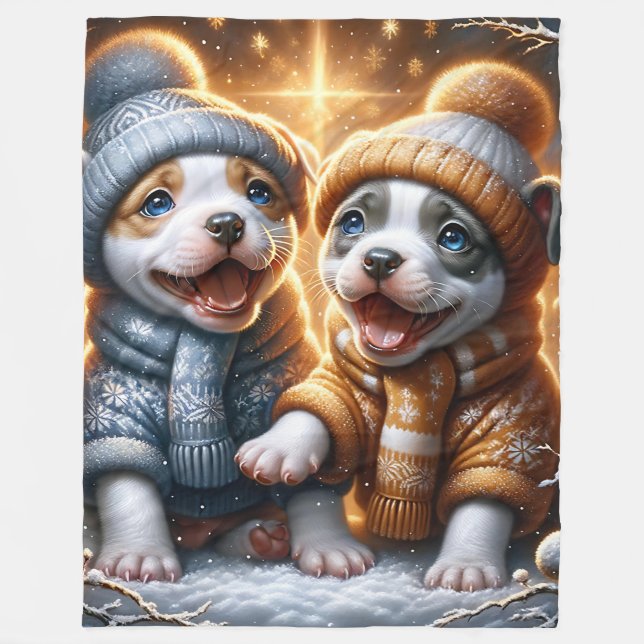 ’Pitbull Puppies’ First Snowfalls’ Fleecefilt (Framsidan)