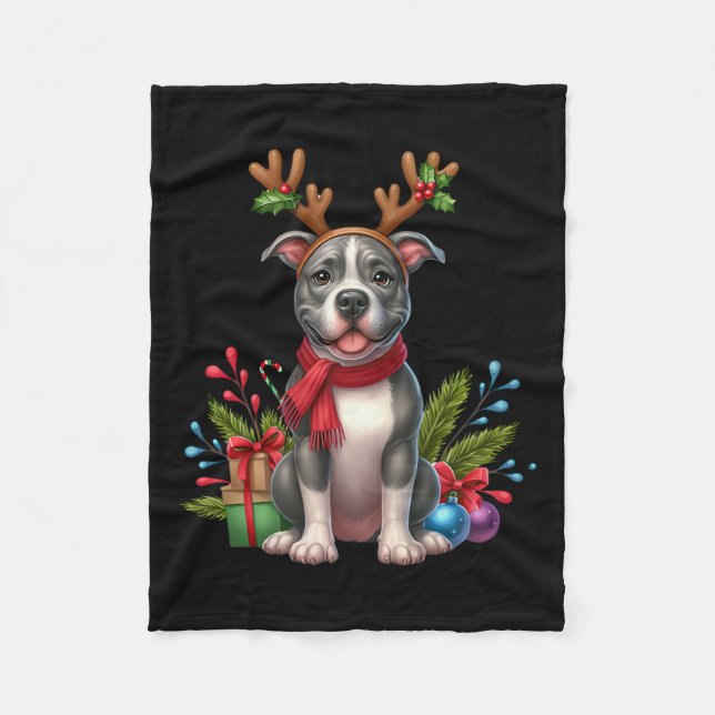 Pitbull Reindeer Santa Hat Julafton Ljus jul X Fleecefilt (Framsidan)