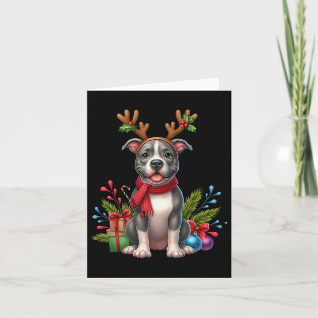 Pitbull Reindeer Santa Hat Julafton Ljus jul X Kort (Framsida)