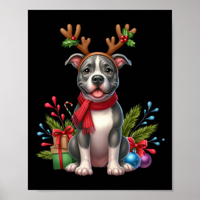 Pitbull Reindeer Santa Hat Julafton Ljus jul X Poster (Framsidan)