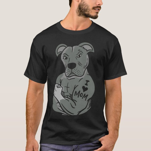 Pitbull Showing tattoo I love Mom boy T Shirt (Framsida)