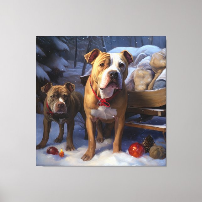 Pitbull Snowy Sleigh-juldekretet Canvastryck (Framsida)