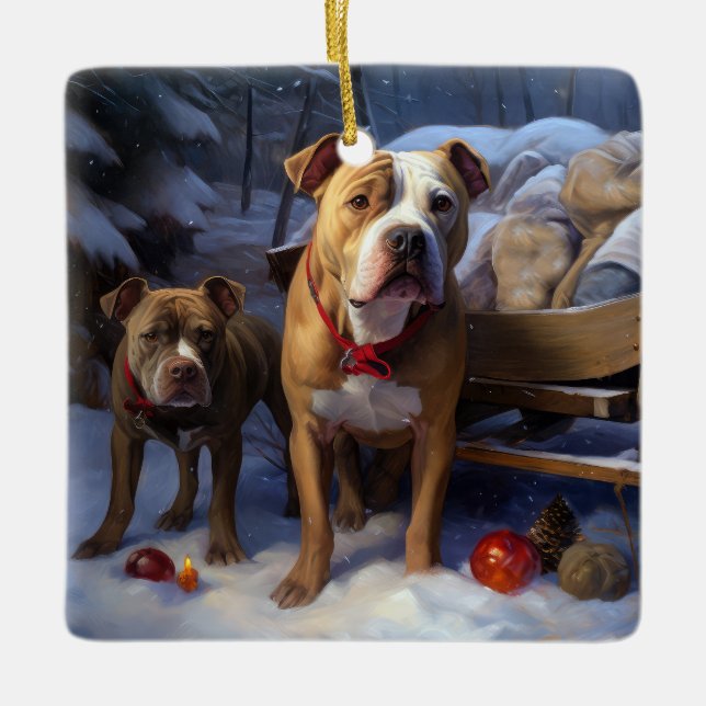 Pitbull Snowy Sleigh-juldekretet Julgransprydnad Keramik (Framsida)