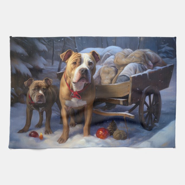 Pitbull Snowy Sleigh-juldekretet Kökshandduk (Horisontell)