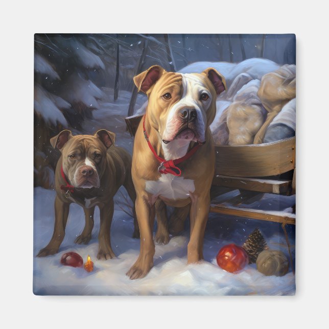 Pitbull Snowy Sleigh-juldekretet Magnet (Framsidan)