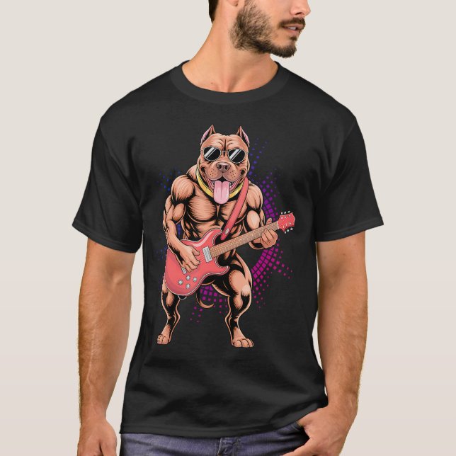 Pitbull spelar gitarr - Rolig Pit Bull Pittie T Shirt (Framsida)
