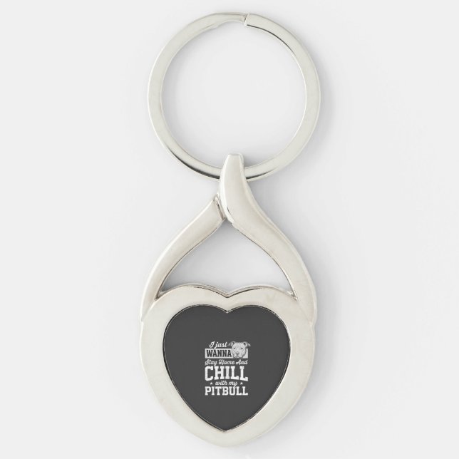 Pitbull Stay Home And Chill Design Twisted Heart Silverfärgad Nyckelring (Framsidan)