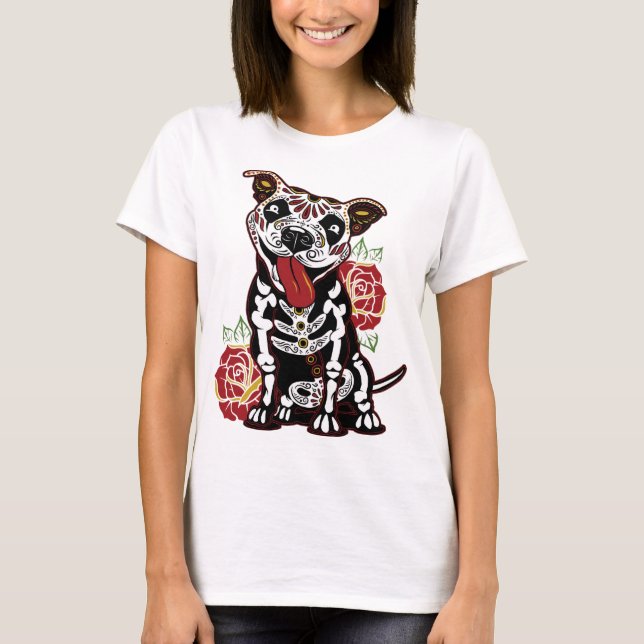 Pitbull Sugar Skull för kvinnor, Manar Pitbull Mam T Shirt (Framsida)